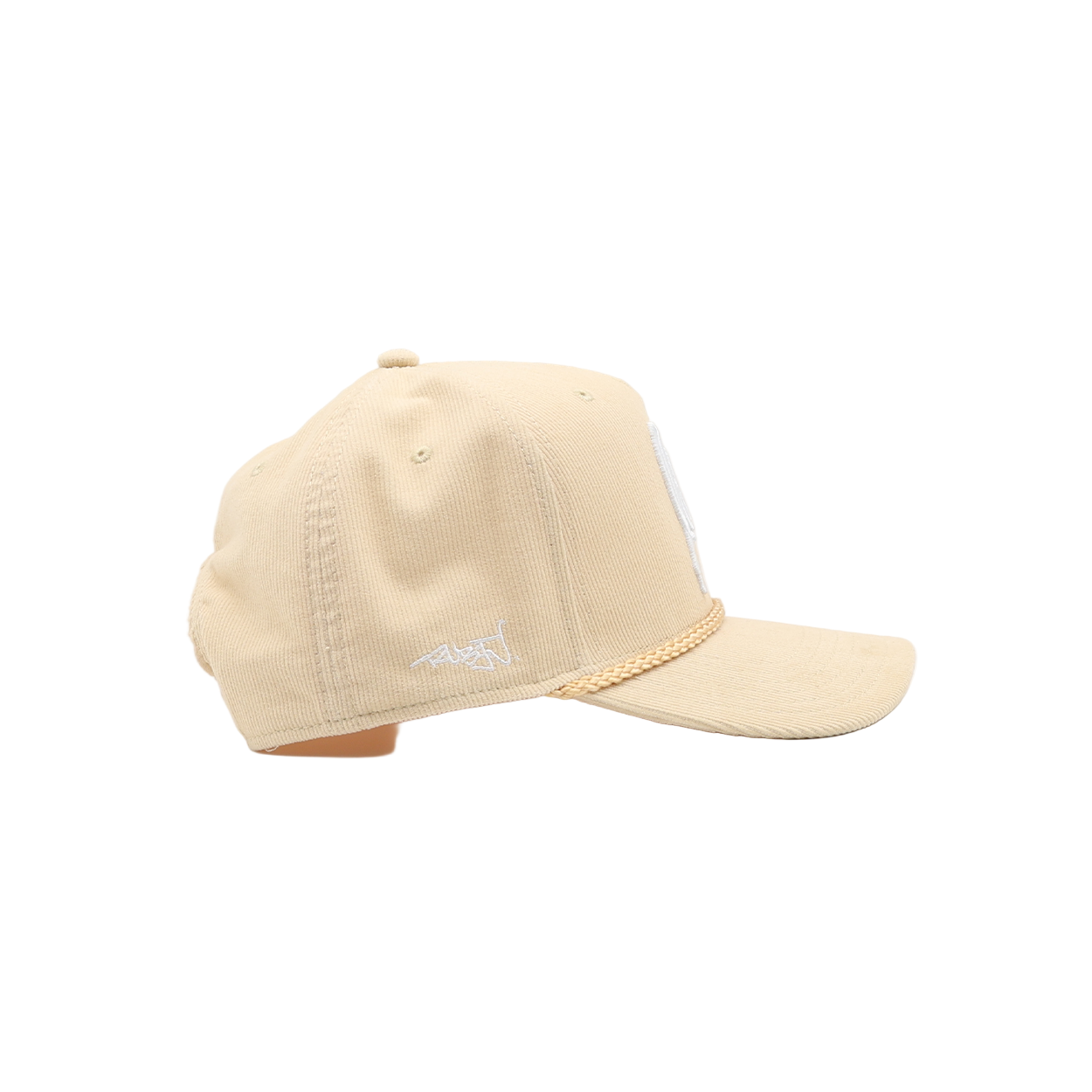Beige cap with a rope detail on a white background