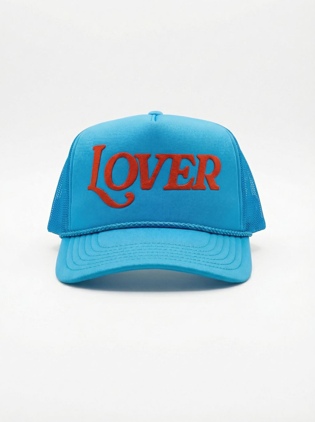 Blue cap with red 'LOVER' text on a white background Ruben Rojas Love hat 