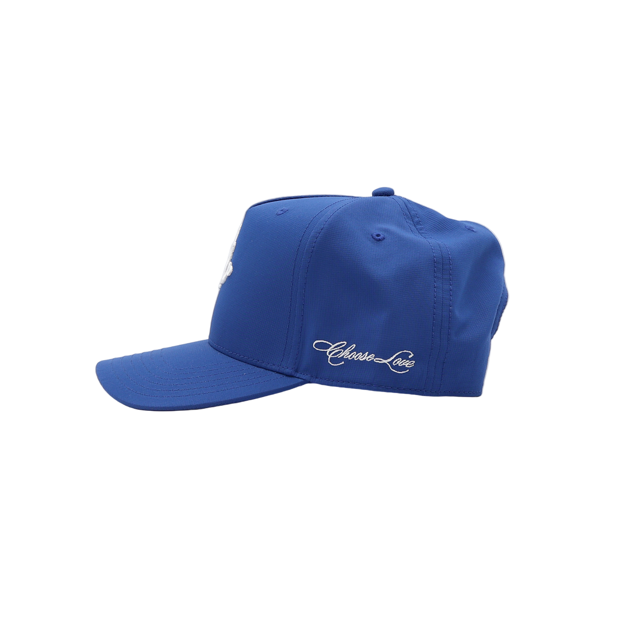 Blue cap with white logo on a light gray background