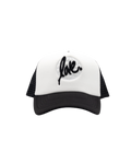 White cap with black mesh back and 'love.' text on a white background