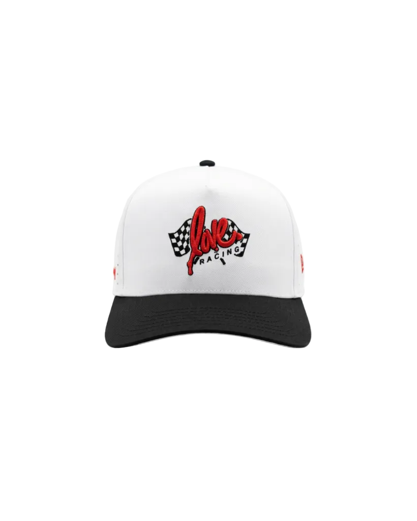 Ruben ROjas White and black cap with 'Love Racing' design on a white background