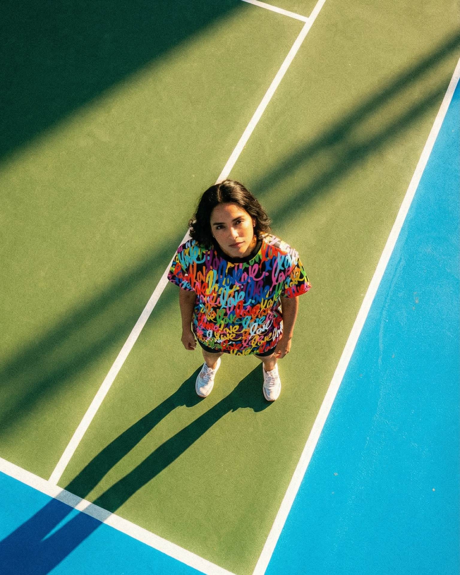 Person standing on a tennis court with colorful outfit