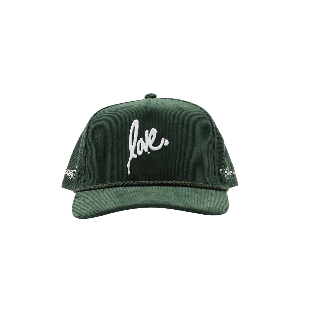 Green cap with 'love' embroidered on a white background