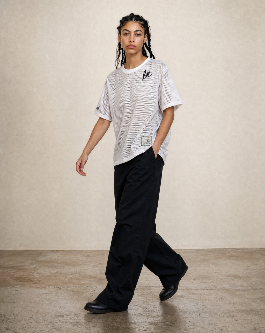 The Lover Mesh Box Jersey in Snow White, white mesh with all-black artwork