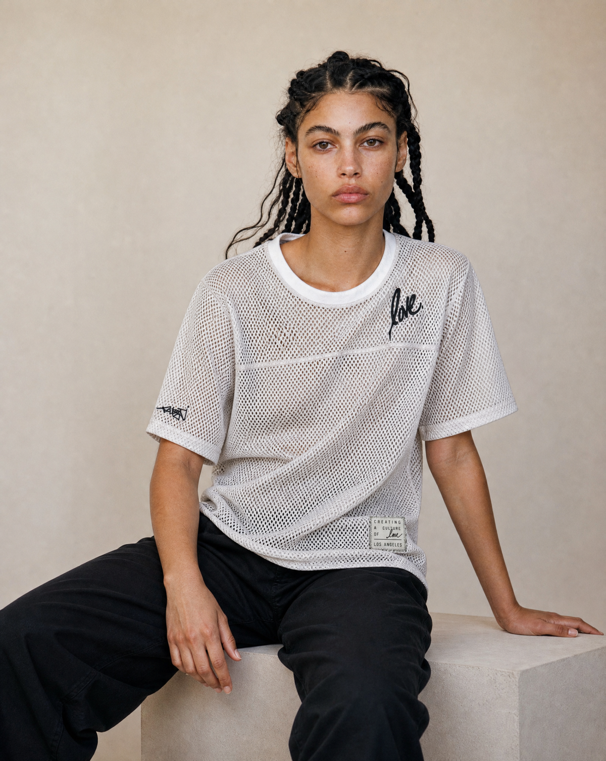 The Lover Mesh Box Jersey in Snow White, white mesh with all-black artwork