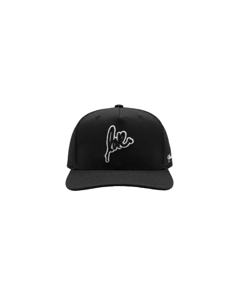 Black cap with white ruben rojas love logo on a white background