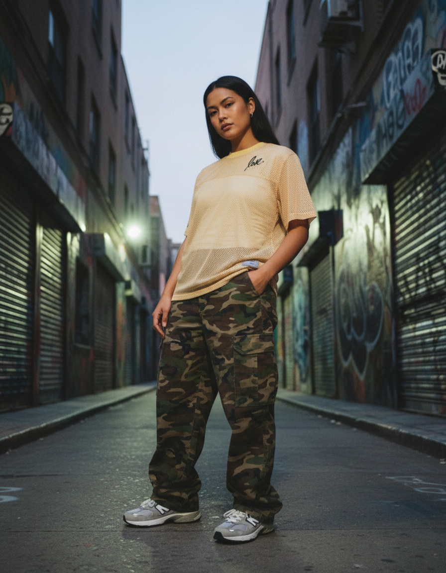 Person wearing a beige t-shirt and camouflage pants standing in an urban alleyway with graffiti.