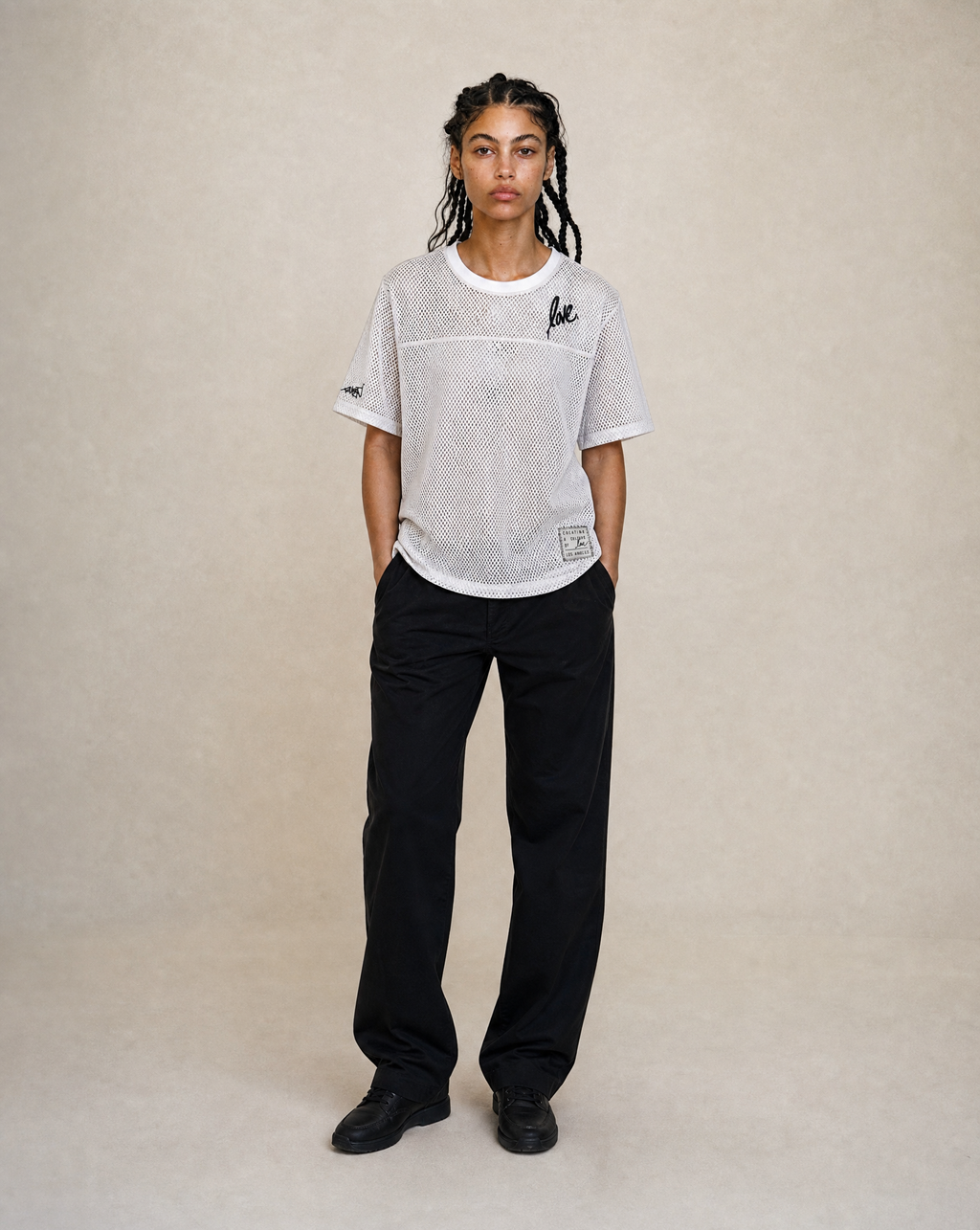 The Lover Mesh Box Jersey in Snow White, white mesh with all-black artwork