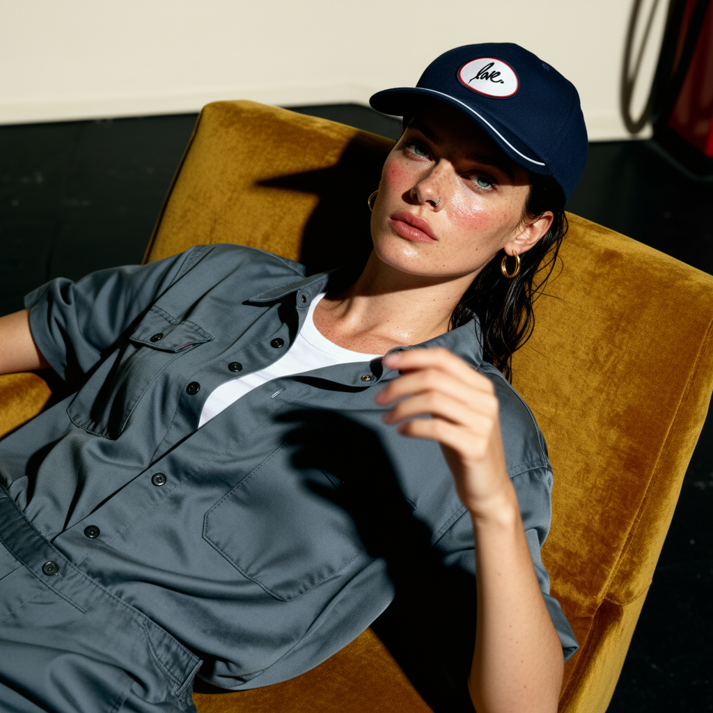 Woman wearing a navy cap with a rube. rojas love logo, sitting on a mustard yellow chair.