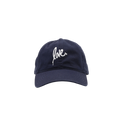 Navy blue cap with 'love' embroidered on a white background