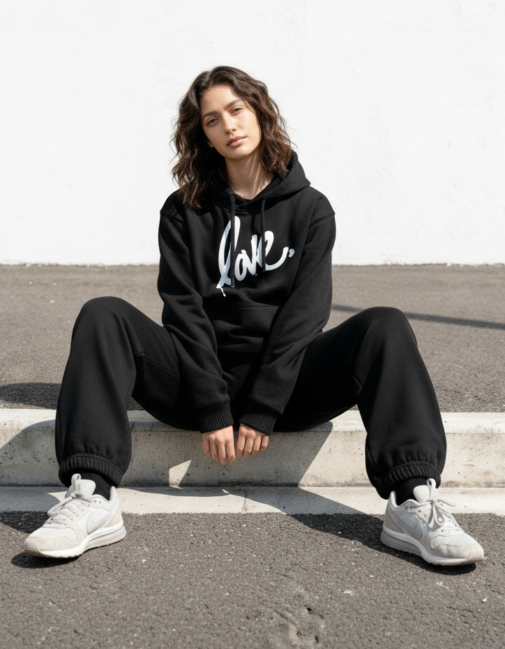 Woman sitting on a curb wearing a black hoodie with 'love' printed on it and black pants.