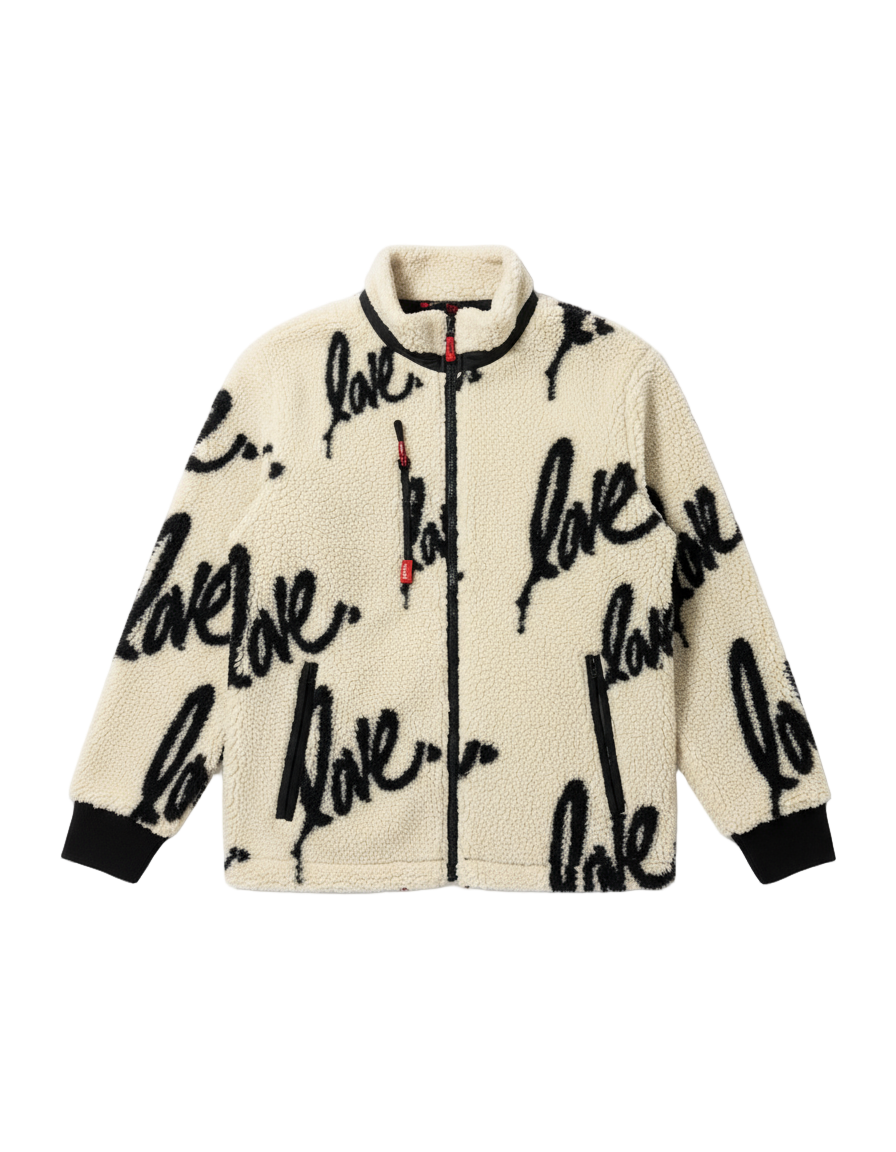 Beige jacket with 'love' text pattern on a white background
