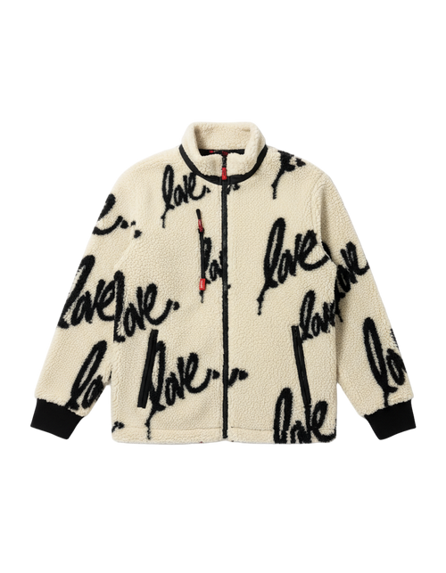 Beige jacket with 'love' text pattern on a white background