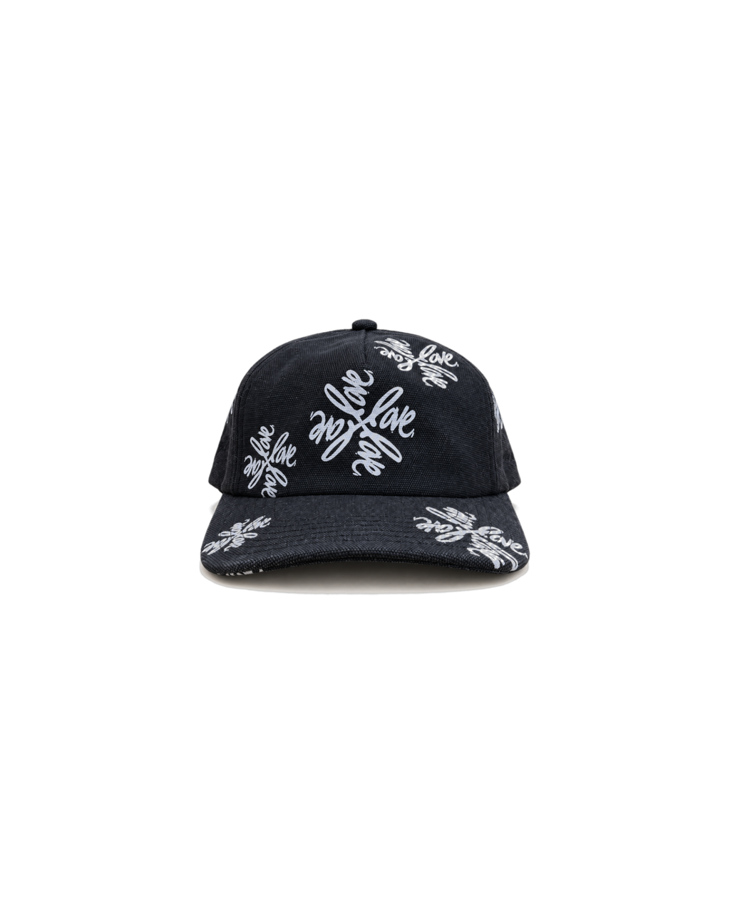 Love Flower Cap in Night Bloom black, front view, all-over white Love Flower print on washed cotton canvas