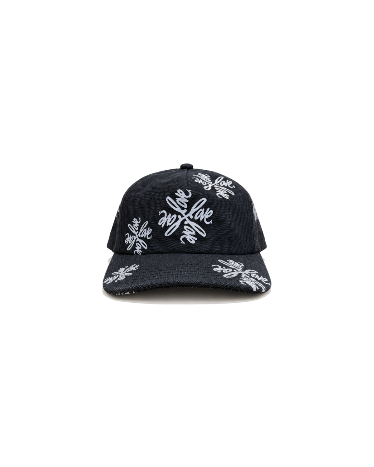 Love Flower Cap in Night Bloom black, front view, all-over white Love Flower print on washed cotton canvas