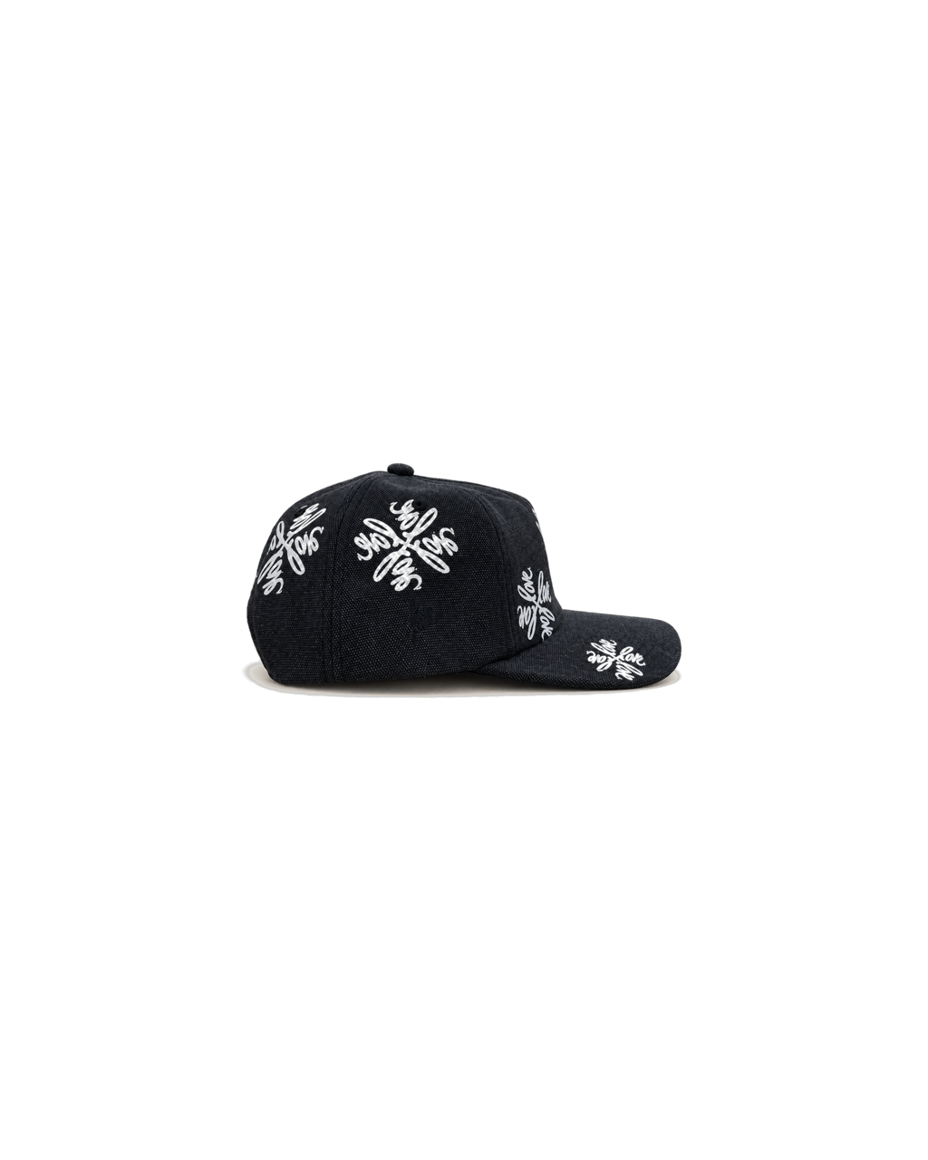 Love Flower Cap in Night Bloom black, side view with script love. detail