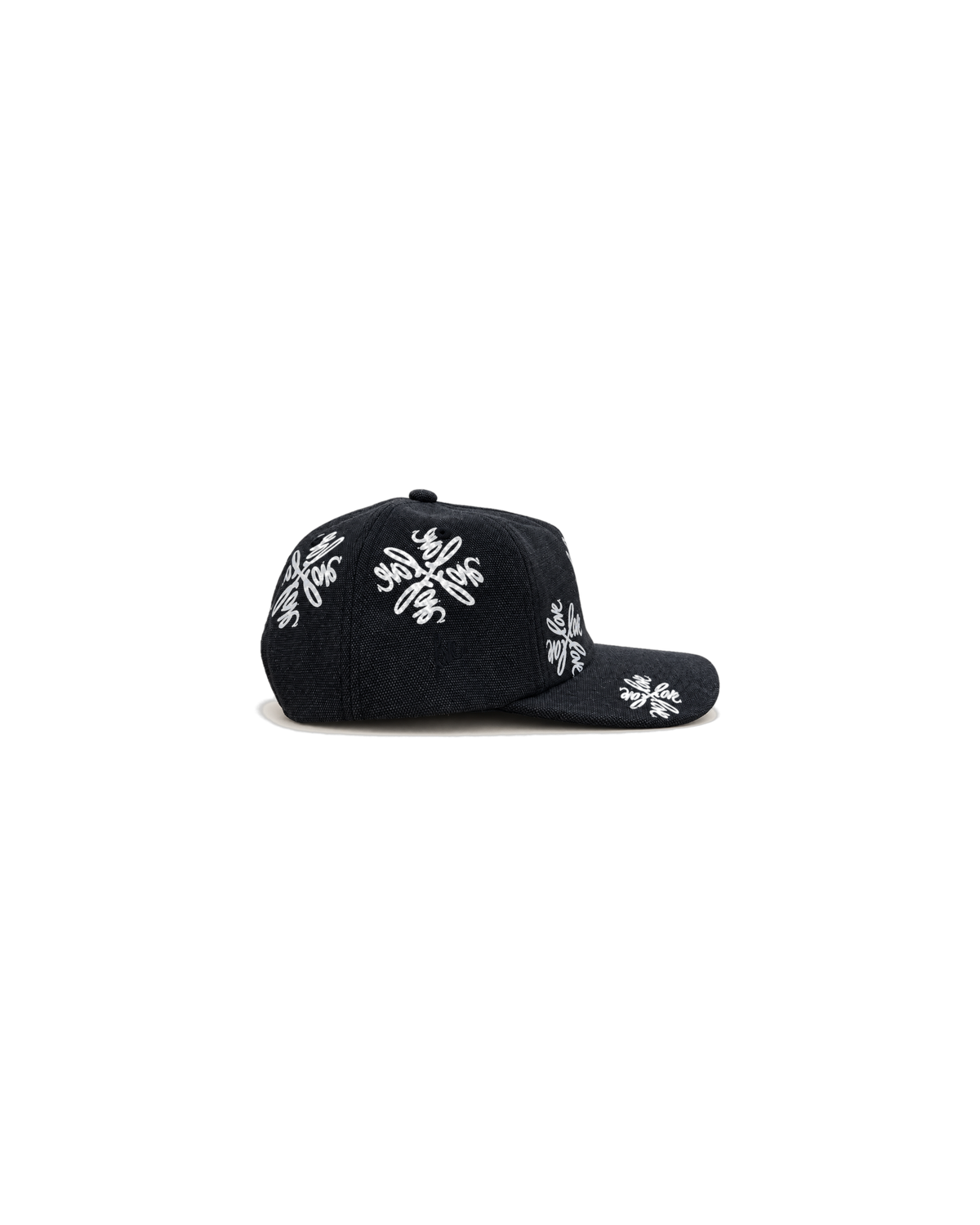 Love Flower Cap in Night Bloom black, side view with script love. detail