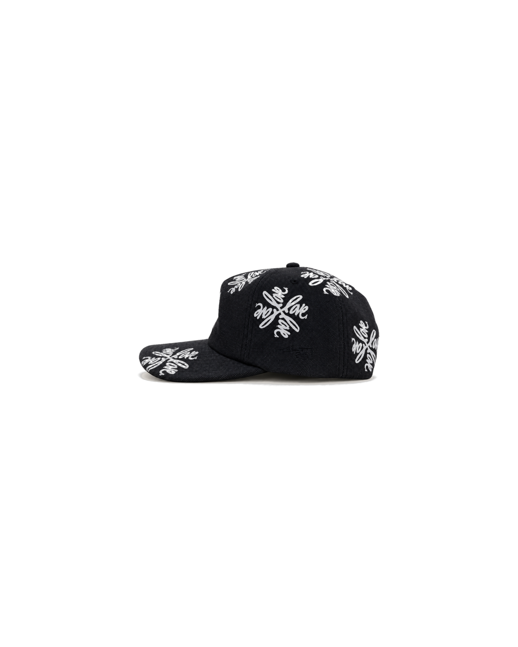 Love Flower Cap in Night Bloom black, side view with tonal embroidered Ruben Rojas signature