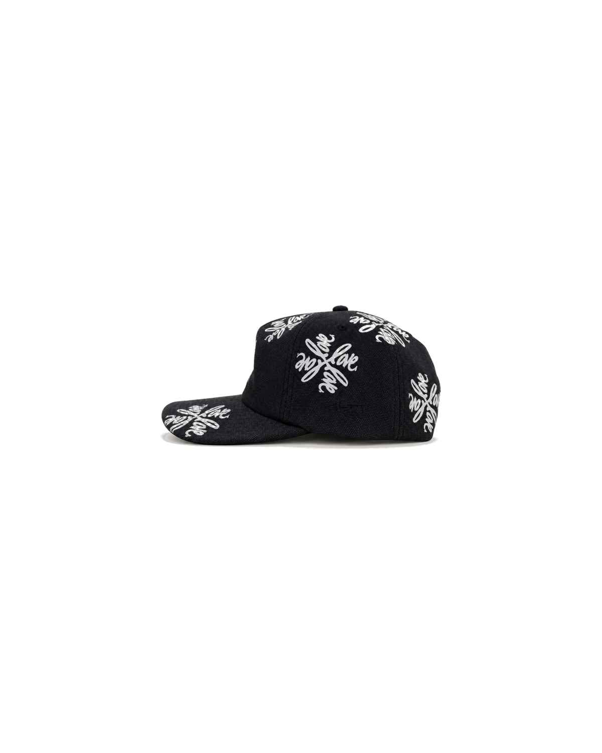 Love Flower Cap in Night Bloom black, side view with tonal embroidered Ruben Rojas signature