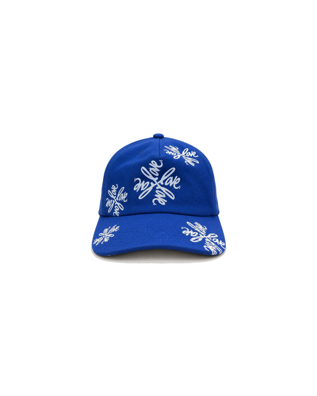 Love Flower Cap in Full Bloom royal blue, front view, all-over white Love Flower print on cotton canvas