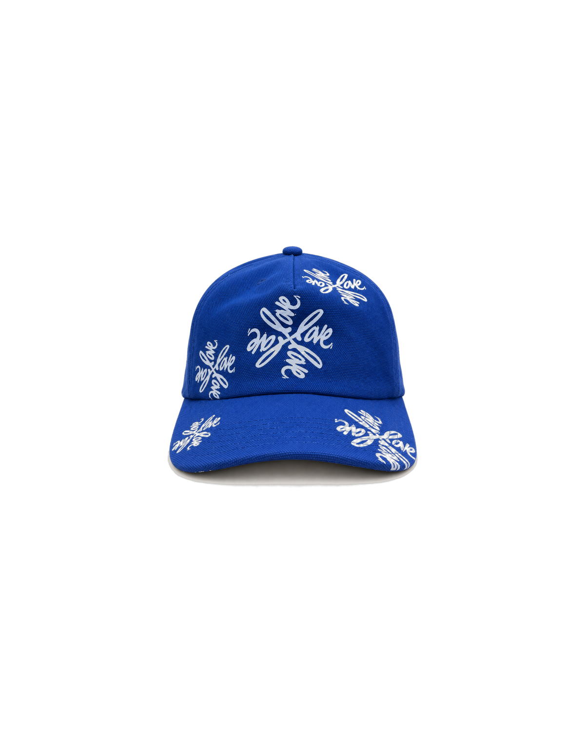 Love Flower Cap in Full Bloom royal blue, front view, all-over white Love Flower print on cotton canvas