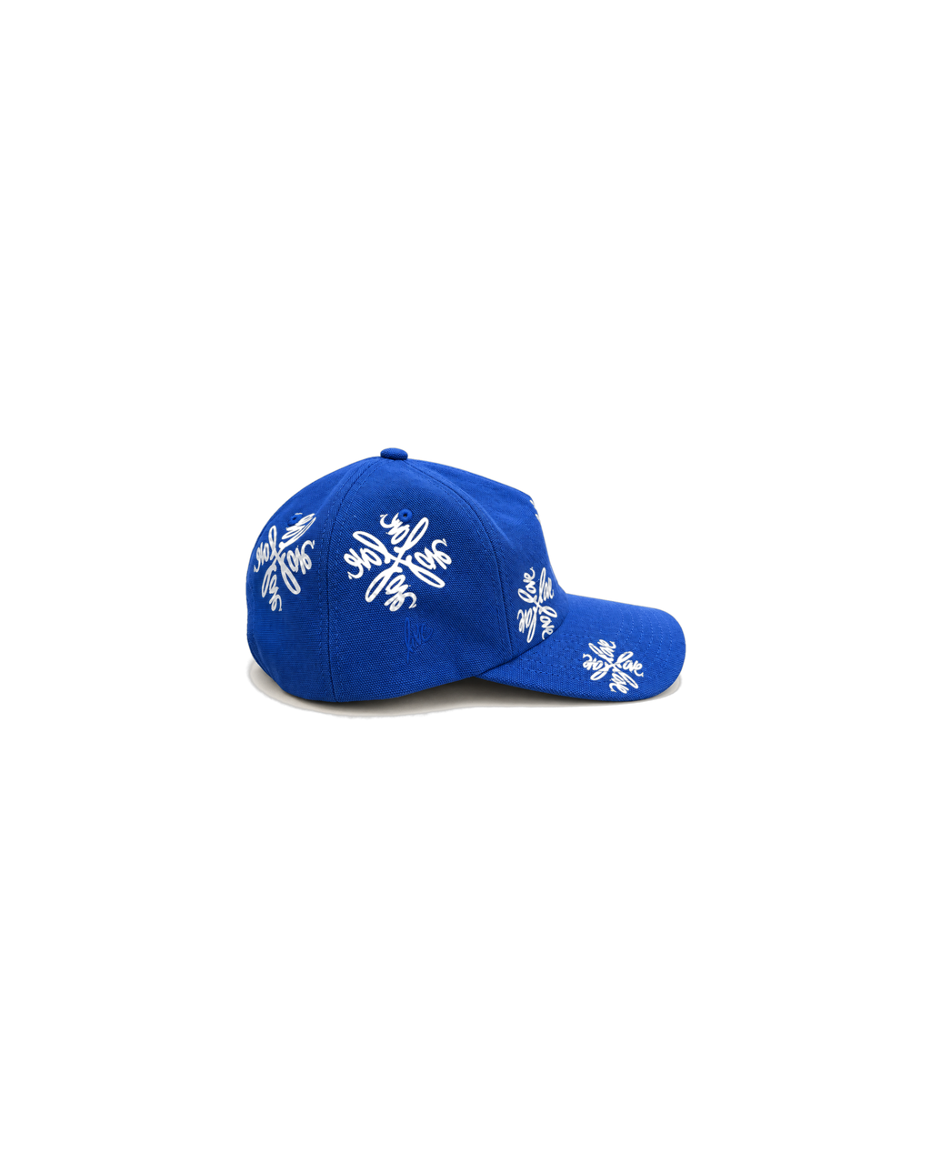 Love Flower Cap in Full Bloom royal blue, side view with script love. detail