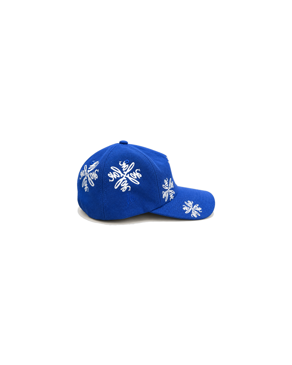 Love Flower Cap in Full Bloom royal blue, side view with script love. detail