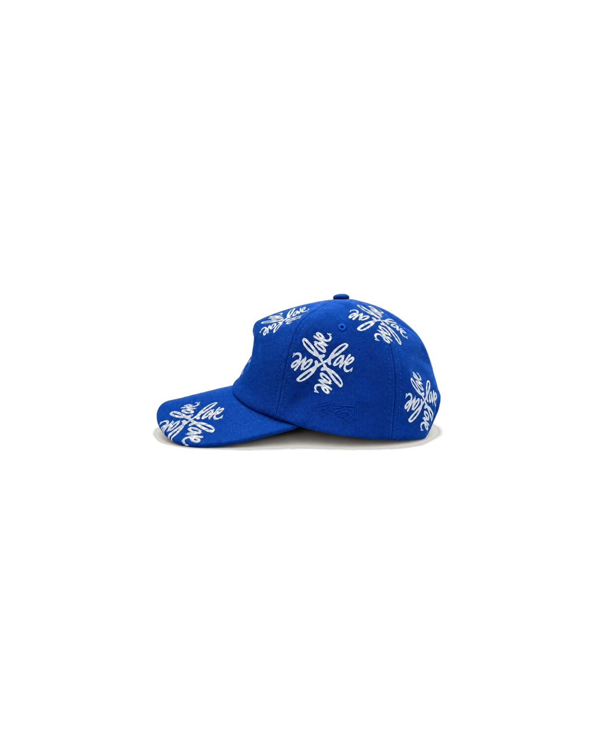 Love Flower Cap in Full Bloom royal blue, side view with tonal embroidered Ruben Rojas signature