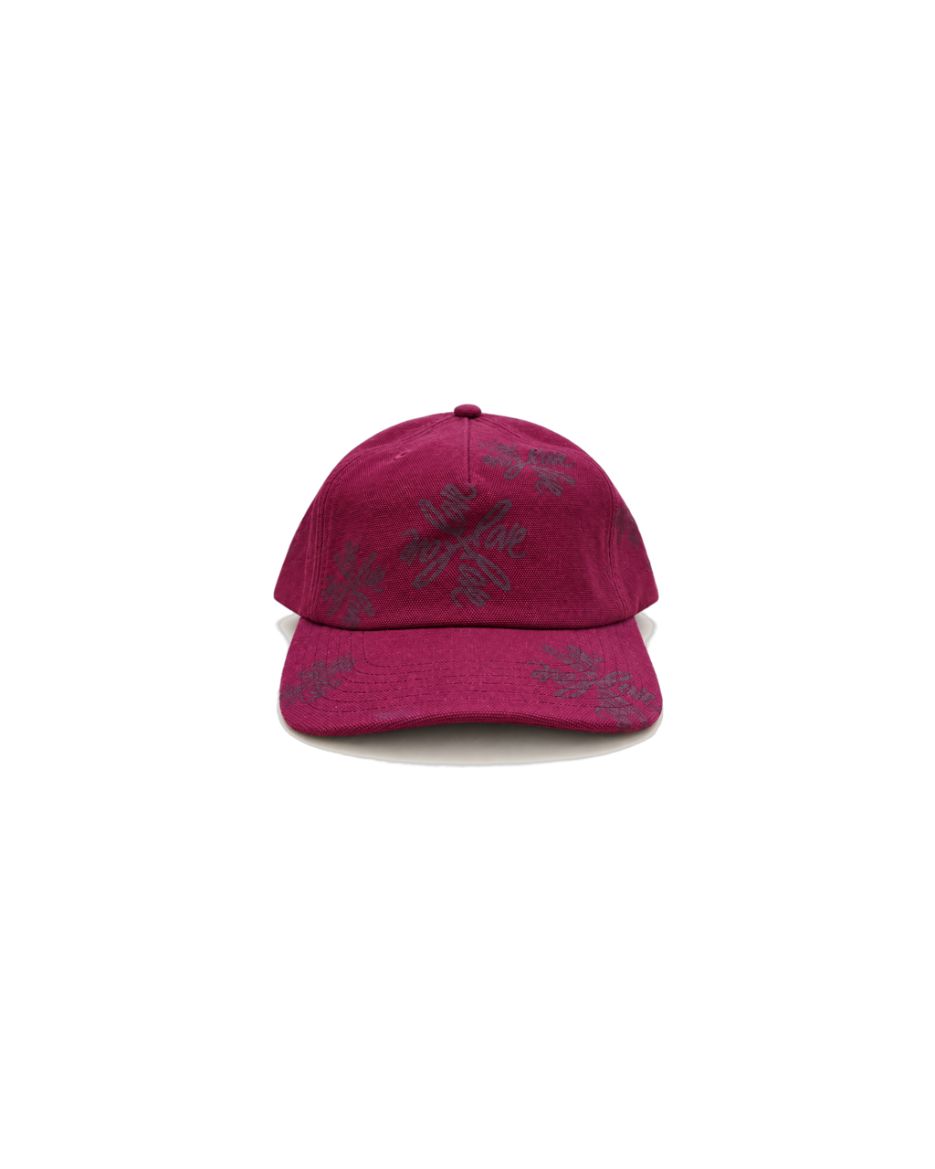 Love Flower Cap in Late Bloom red, side view with script love. detail