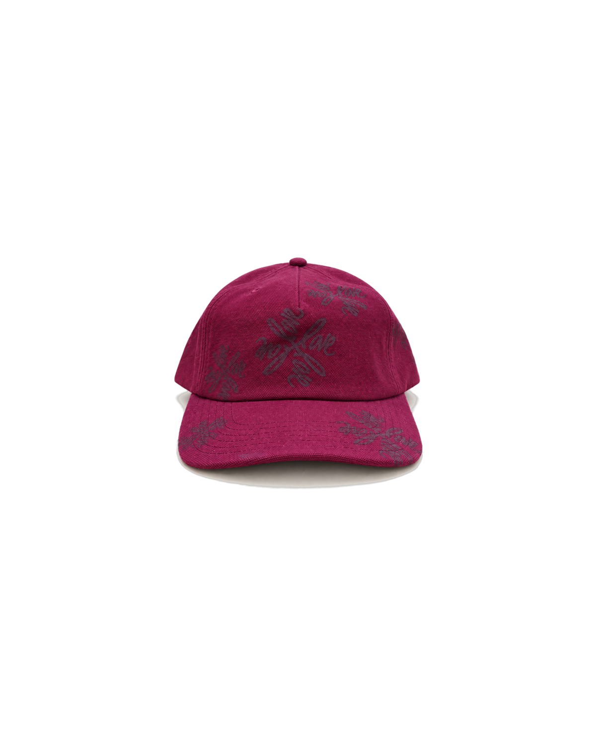Love Flower Cap in Late Bloom red, side view with script love. detail