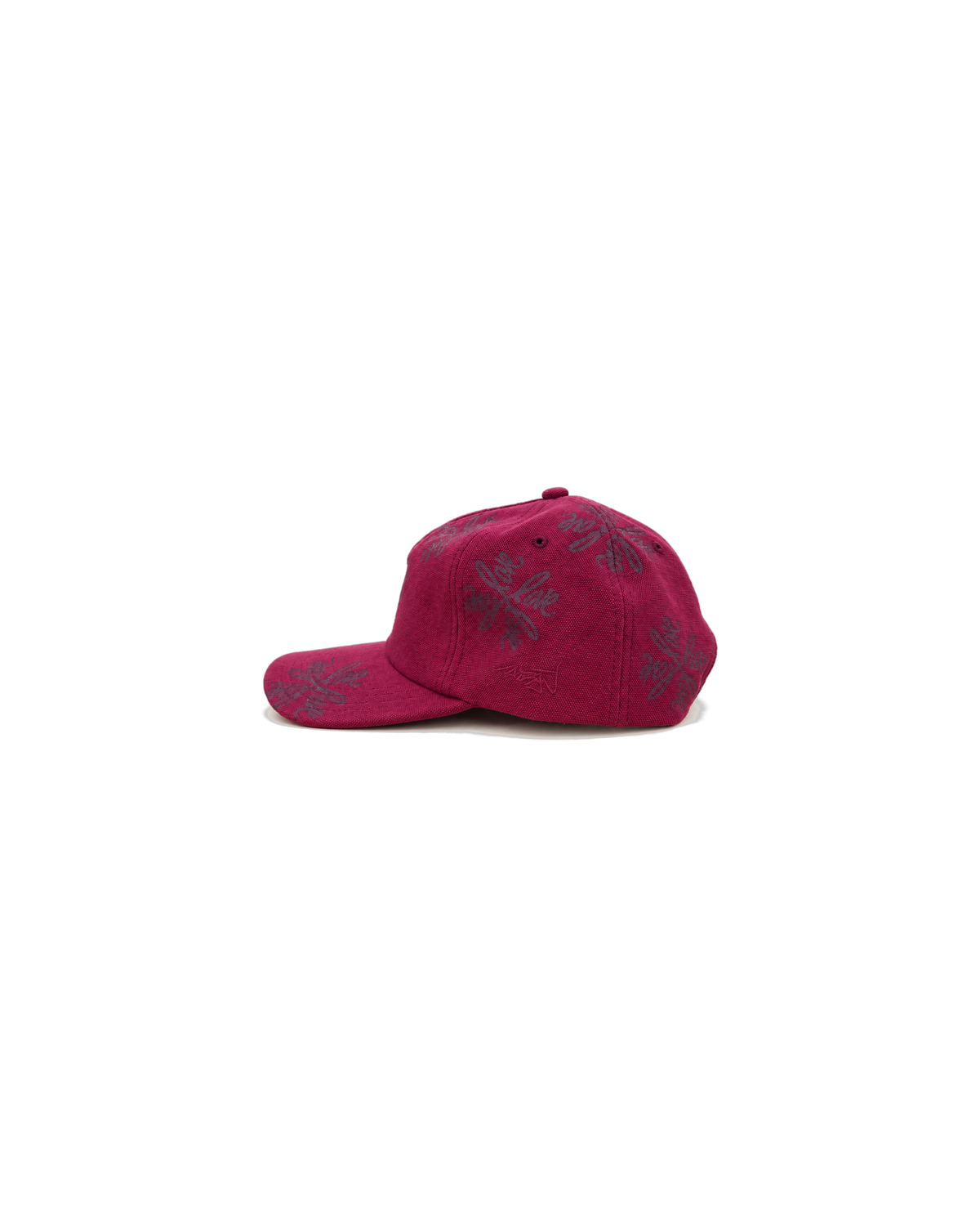 Love Flower Cap in Late Bloom red, side view with tonal embroidered Ruben Rojas signature