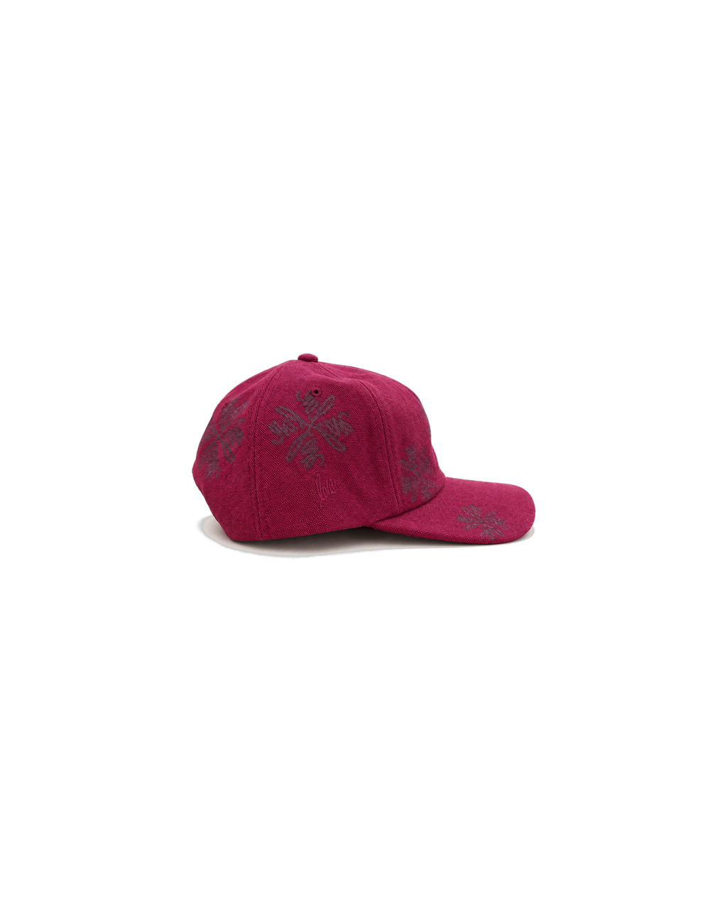 Love Flower Cap in Late Bloom red, front view, tonal red-on-red Love Flower print on cotton canvas