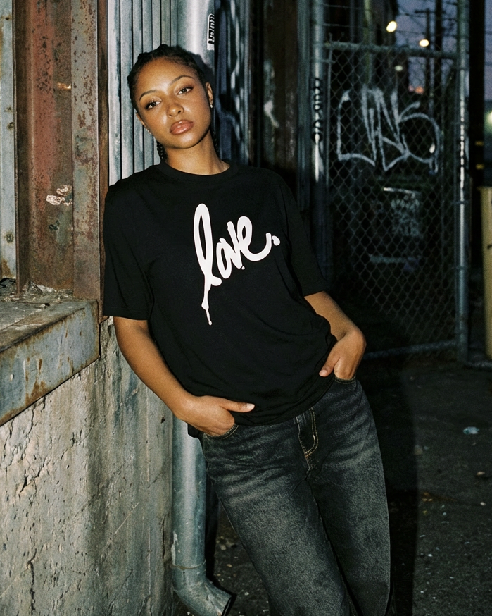 Person wearing a black t-shirt with 'love' printed on it, standing against a wall at night.